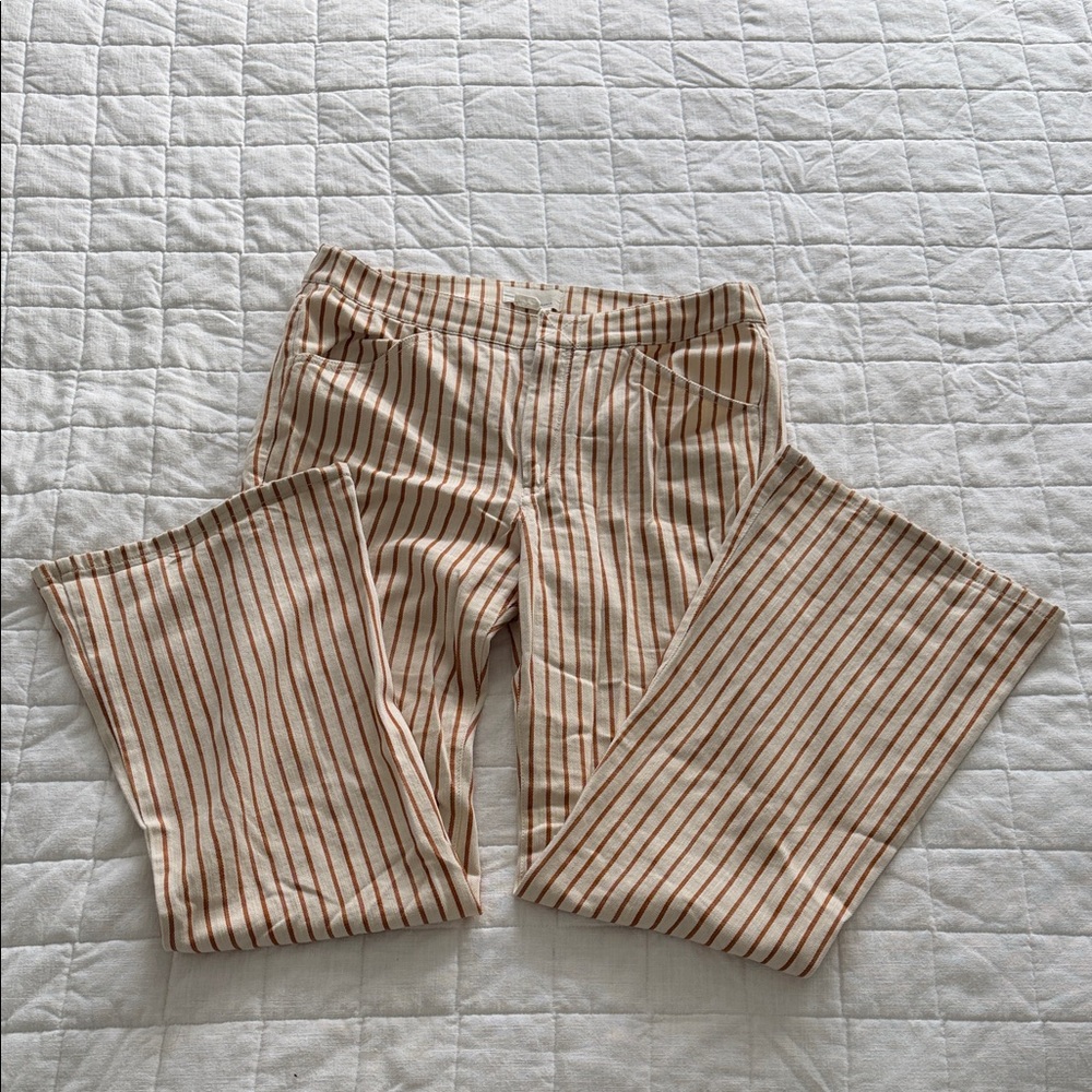 Anthropologie Cream and Brown Striped Flared Trousers- size 30- EUC